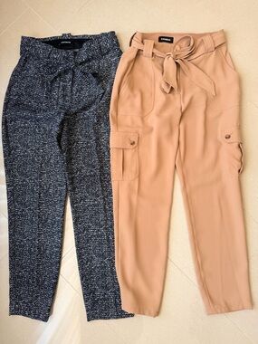 Express Tie-Waist Cargo Pants Pair — Camel & Black/White Ankle high rise